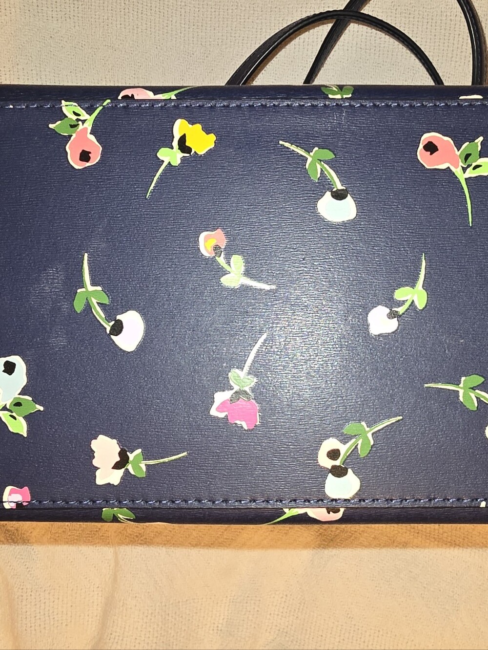 NWOT Kate Spade Navy Blue Leather Floral Rose Tote Open Top Clip Closure - Picture 6 of 8